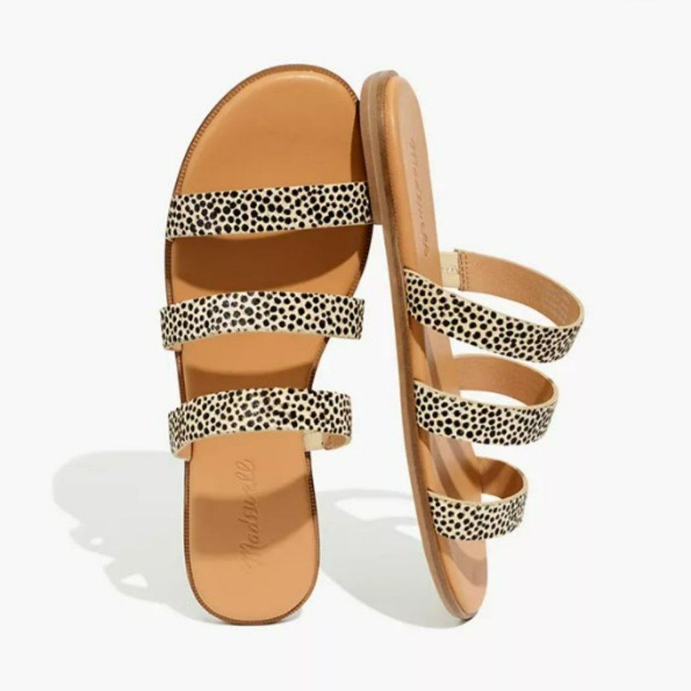 Madewell Tan Leather Slide Sandals with Black-and-White Spotted Straps